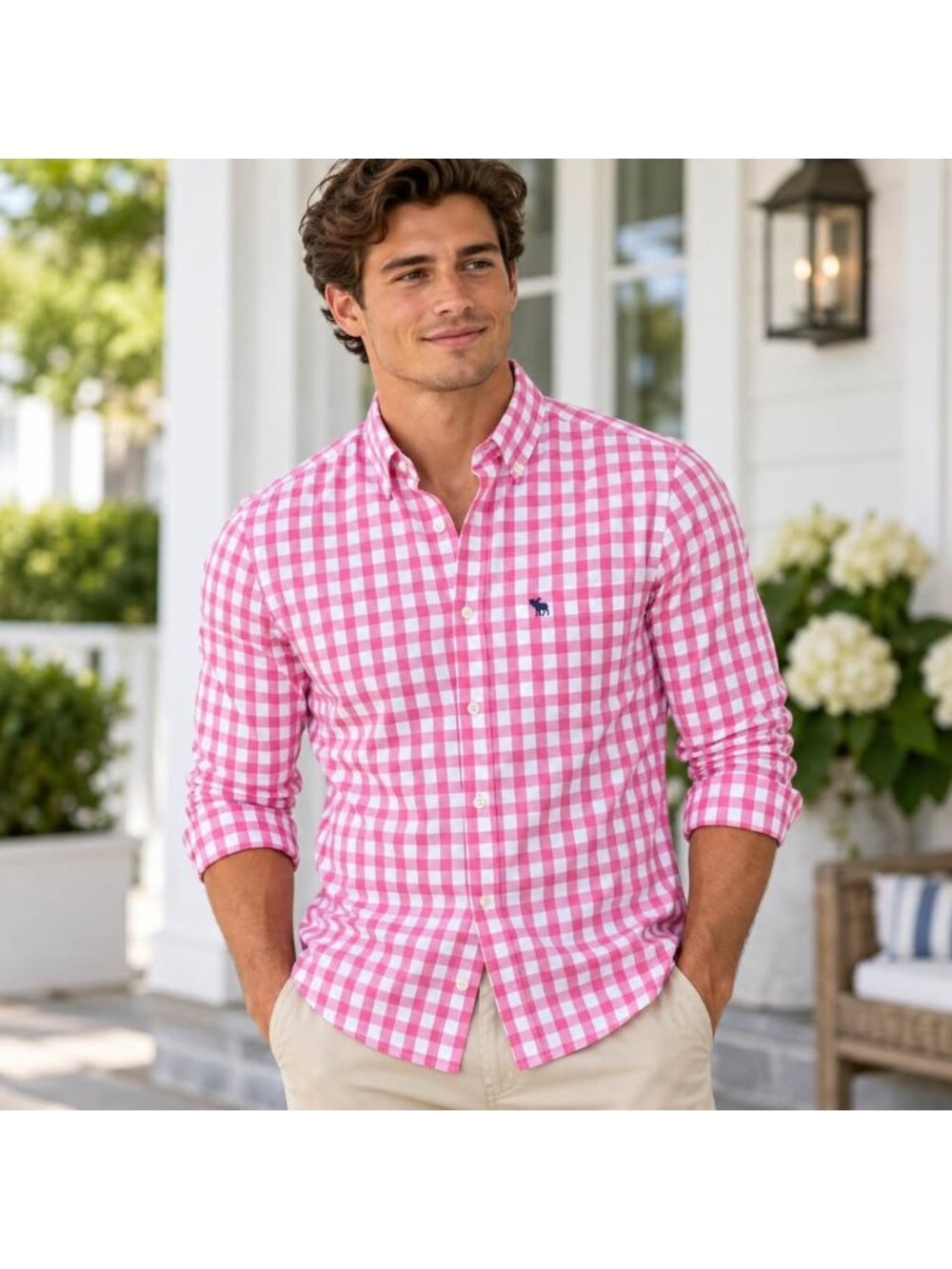 NWOT Abercrombie & Fitch Men’s Pink Gingham Muscle Fit Button Down Shirt medium